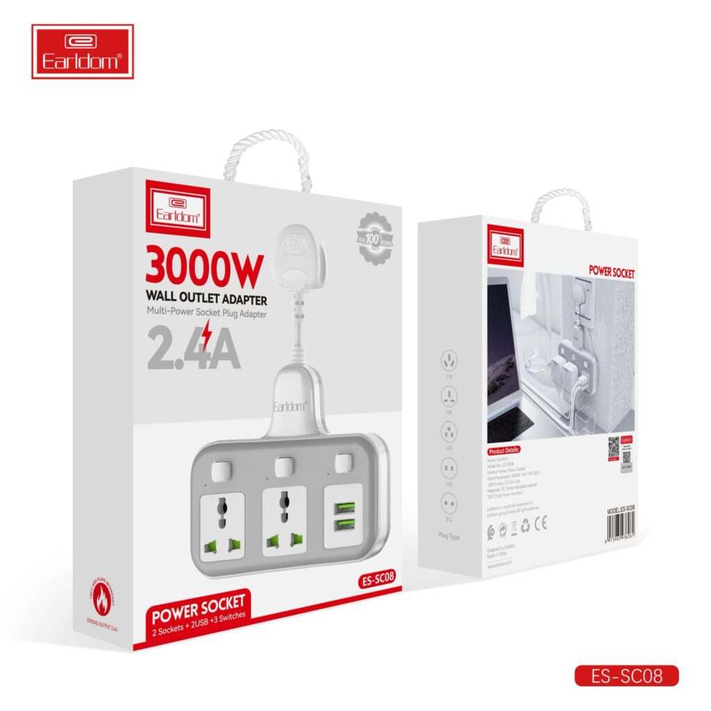 Sc08 Earldom SC08 Multi Power Socket Plug Adapter 2.4A 3000W - AKMobilestore