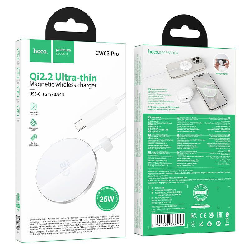 Hoco CW63 Pro 25W Fast Qi2.2 Ultra Thin Magnetic Wireless Type-C Charger White